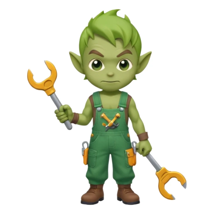 short green goblin, hold a wrench, cute chibi full body sticker