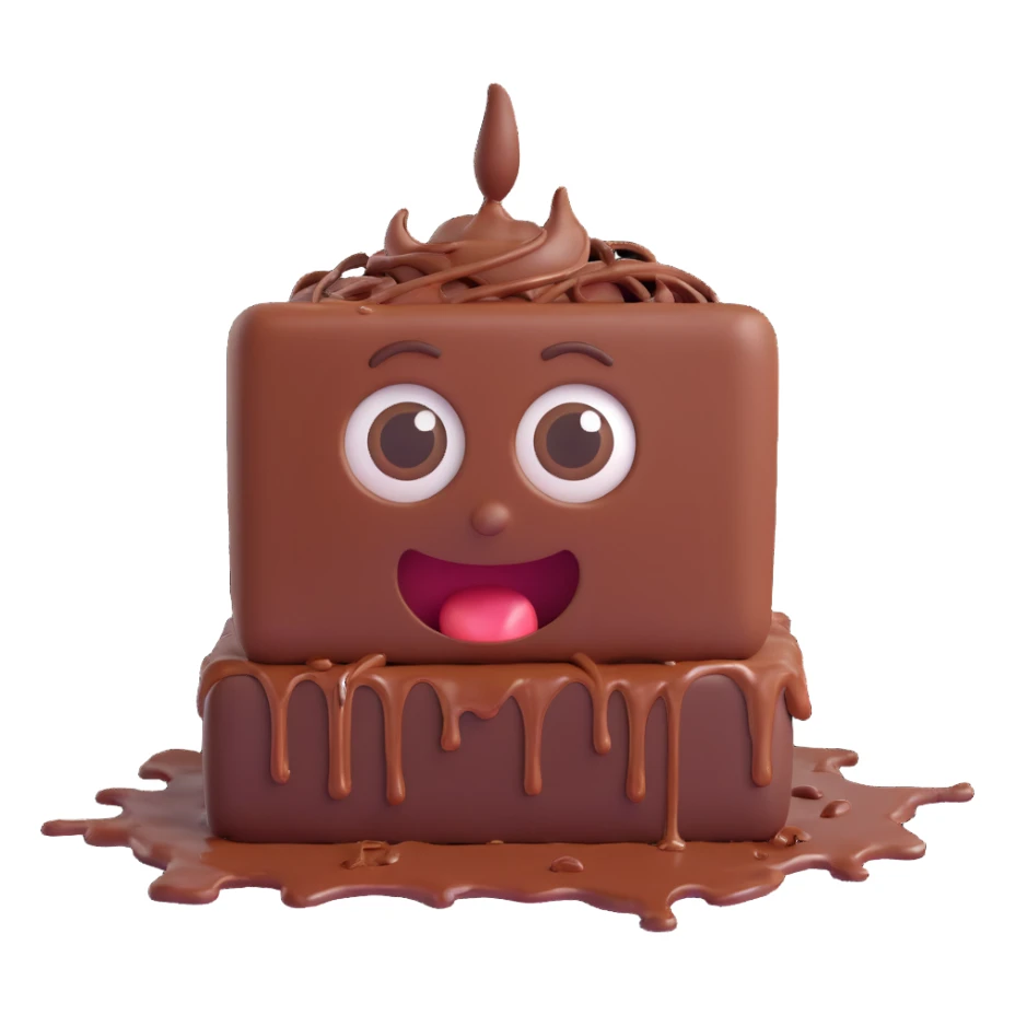 Rectangular chocolate mini pastry, slightly messy and squished, chocolate dripping, big round eyes, wide open mouth, playful surprised expression, text above: "ПАСТИЧКА", chibi style, Twitch emoji style, transparent background, colorful

 sticker