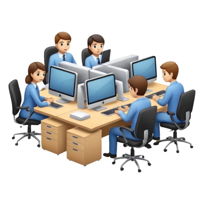 compact office space with workers at computers, representing a medium business, Apple iOS style, soft lighting, glossy finish, white background sticker