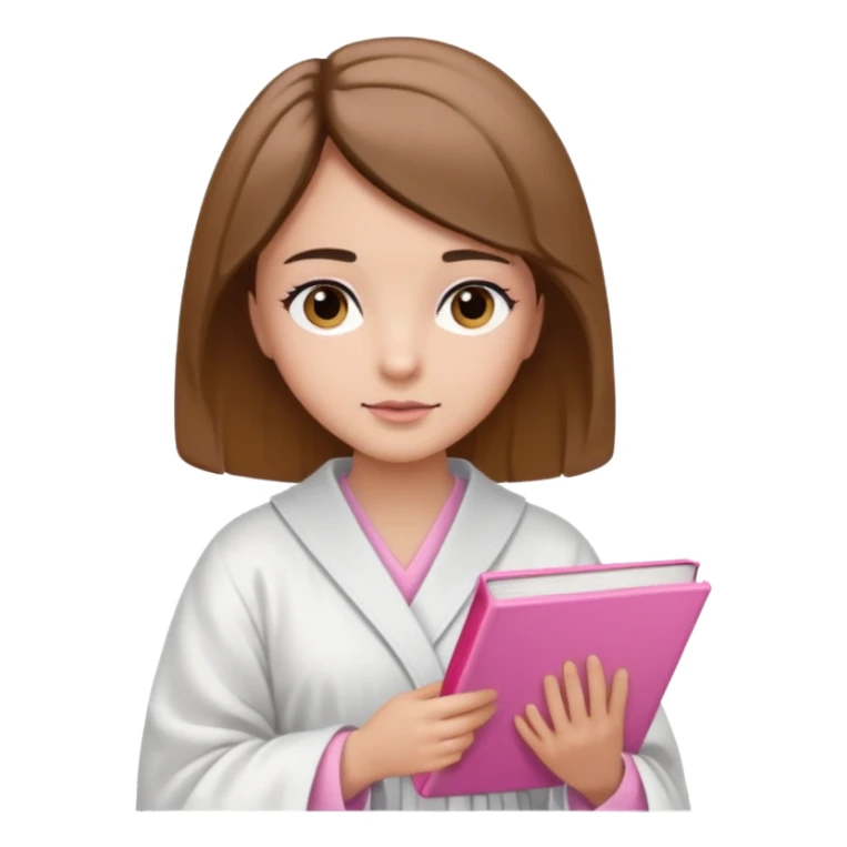 Девушка с короткими волосами до плеч русого цвета, с черными бровями, карие глаза, у неё белый халат, в руках она держит розовую книгу sticker