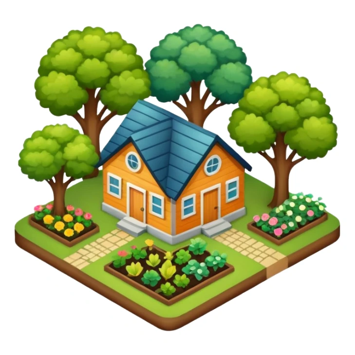 An icon featuring a local map, symbolizing local gardening. The design includes a different trees, and 1 tiny wooden house, shrubs, beds. Transparent background sticker