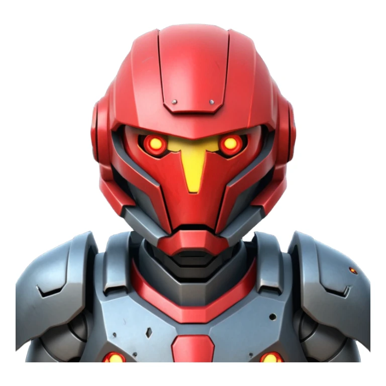 futuristic war robot portrait, head and shoulders only, aggressive design, sharp armor edges, glowing red eyes, battle-damaged helmet faceplate, heavy armor collar, intense dramatic lighting, sci-fi metal textures, 3D cartoon, mobile game icon style, clean background, no text, no watermark
 sticker