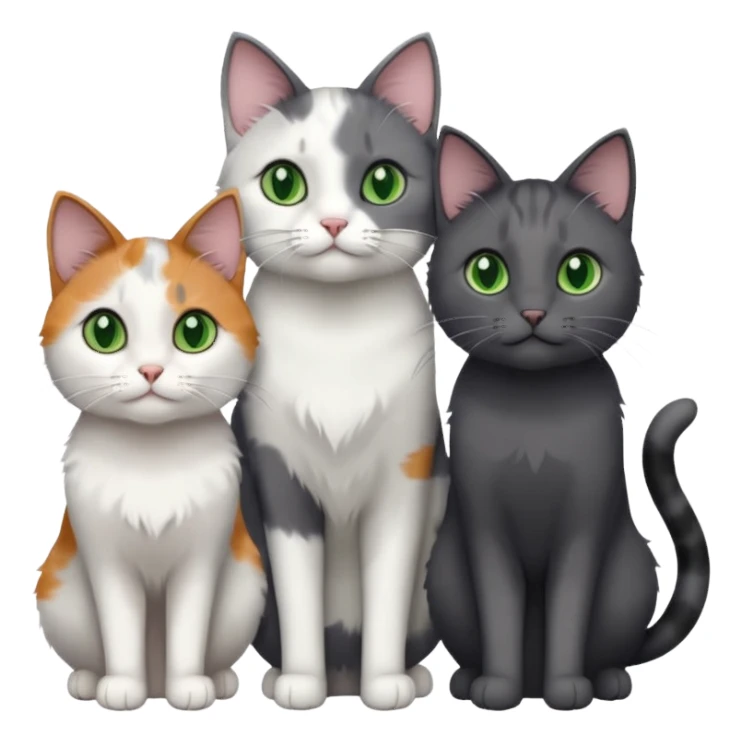 3 different coloured small cats including a dark grey and white, and a patchy calico and a completely solid dark grey with green eyes and only white paws sticker