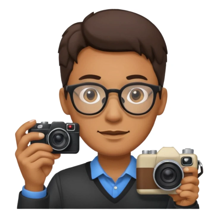 A man with glasses holding a camera sticker
