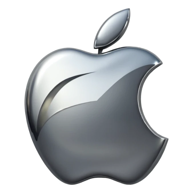 Metallic Apple logo emoji icon, chrome surface, sharp reflections, dark background, centered sticker