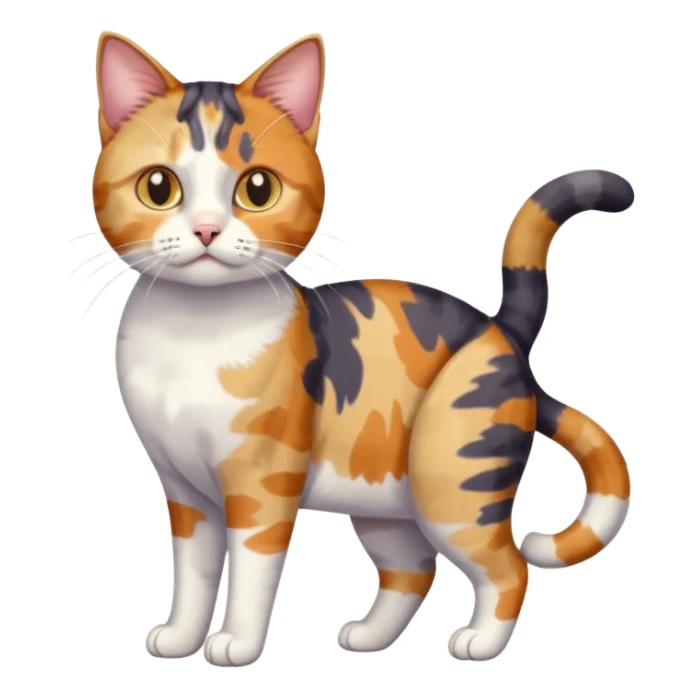 full body anxious looking colourful patchy calico tabby cat with tiny head to large body with fully white front legs sticker