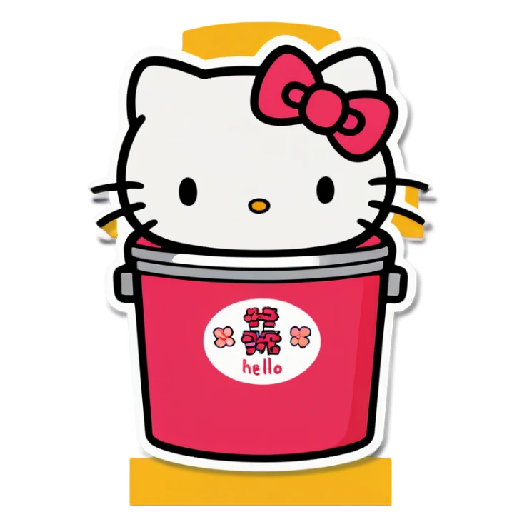 A trash bin that says goodbye with hello Kitty in it sticker