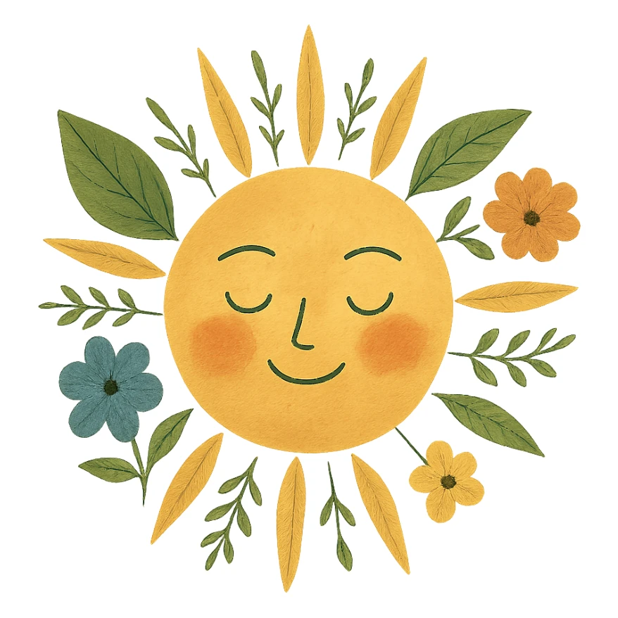 yellow face with sun rays, nature theme, digital illustration sticker