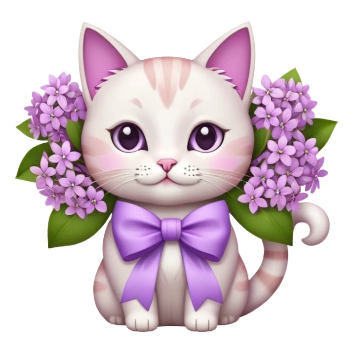 white and pink detailed cat holding lilac flowers with a big bow on its neck, emoji style sticker
