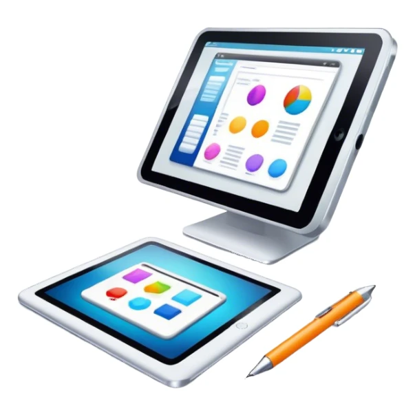 Computer graphics icon, digital design tools like a stylus, tablet, computer image on screen, vibrant colors, minimalistic style, clean lines, transparent background. sticker