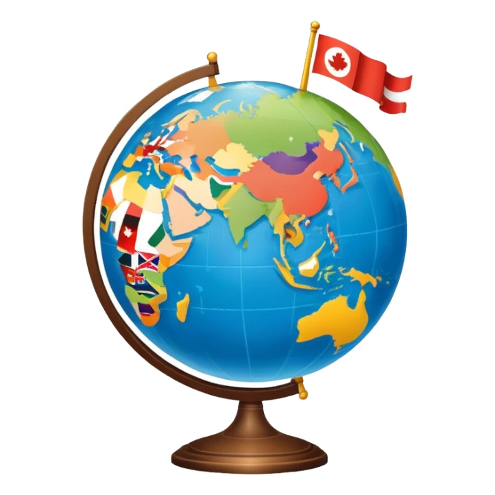 An icon featuring a globe with location pins, open maps, and landmarks from different countries, symbolizing area studies. The design includes cultural symbols, flags, and geographic features to represent diverse regions. Transparent background. sticker