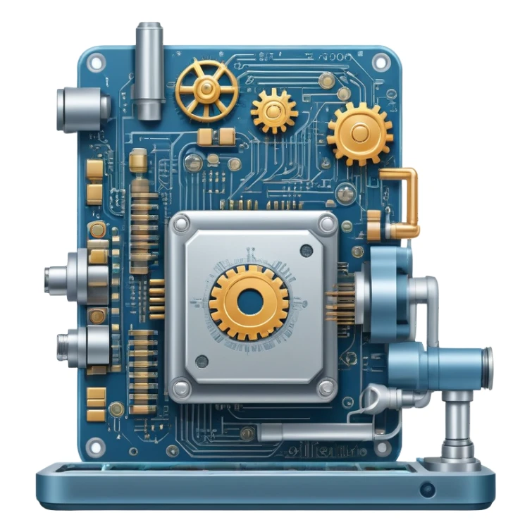 An icon featuring a giant machine soldering a huge microchip, symbolizing engineering. The design includes mechanical gears, circuit boards, and a blueprint, representing the precision and innovation in designing and building technology. Transparent background highlights the art of engineering sticker