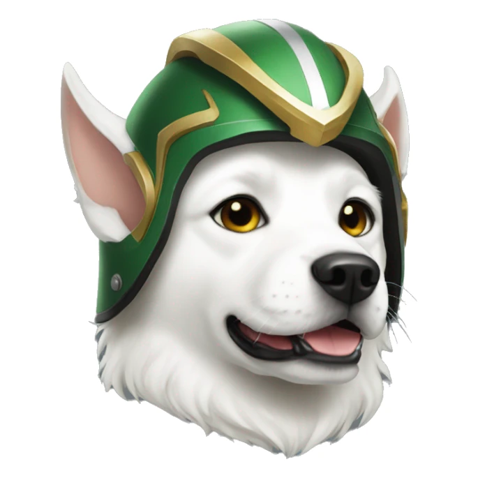 loki as a white dog with helmet sticker