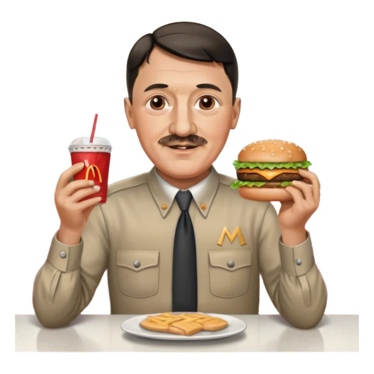 adolf hitler holding a big mac while sitting in a diner sticker