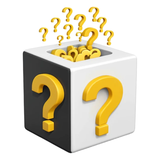 white cube shaped box printed with "q&a" over stuffed with yellow question marks sticker