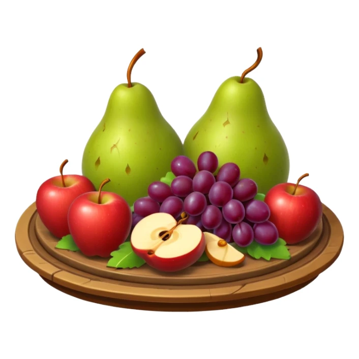 medieval fruit platter object icon, grapes apples pears, rustic plate, small honey drizzle, cozy medieval vibe, 3D cartoon, mobile game icon style, clean background, no text, no watermark
 sticker