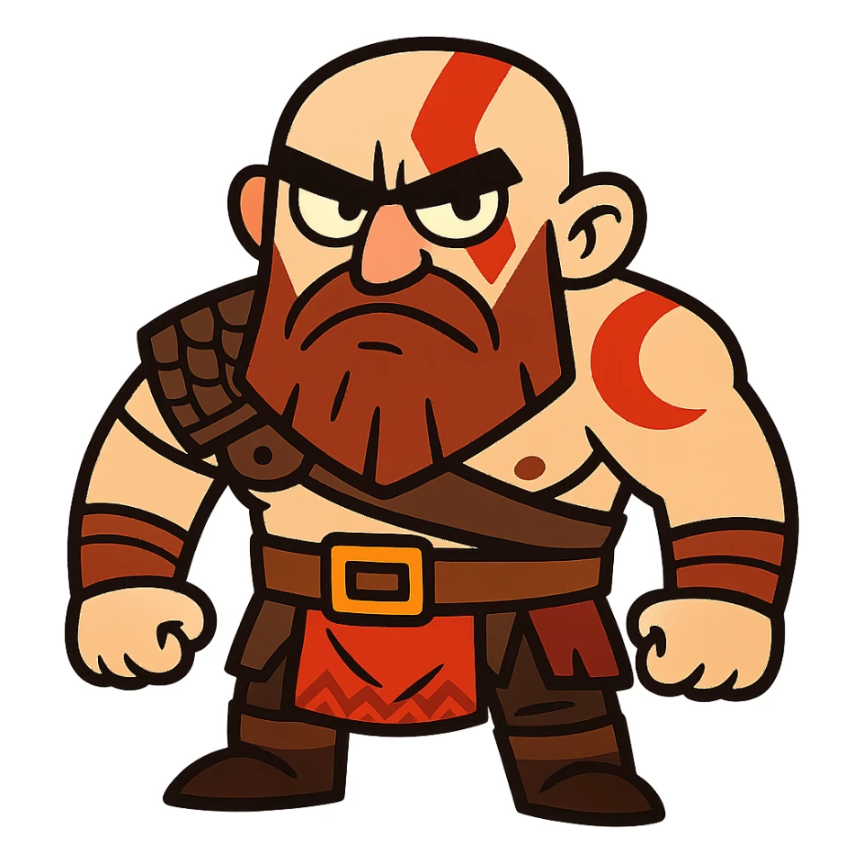 Funny cartoon version of Kratos with exaggerated features, looking grumpy sticker