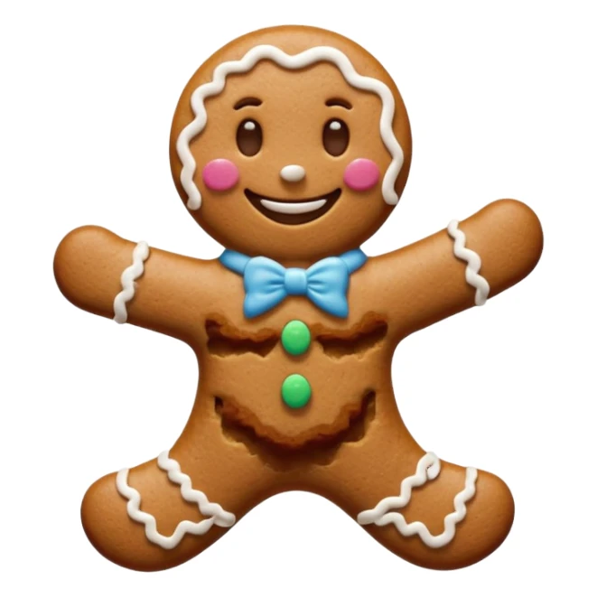 {
    "type": "object",
    "look": "gingerbread man, icing smile, cookie texture, front view",
    "description": "a cheerful gingerbread cookie shaped like a man, smiling with white icing details"
  } sticker