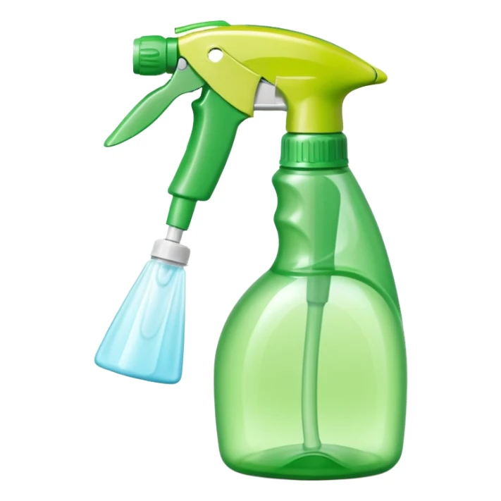medium-sized spray bottle with curved trigger nozzle and ergonomic grip, bright translucent green or blue tones, multipurpose cleaner for kitchen or home use, no label, no extras, soft lighting, subtle shadows, emoji scale sticker