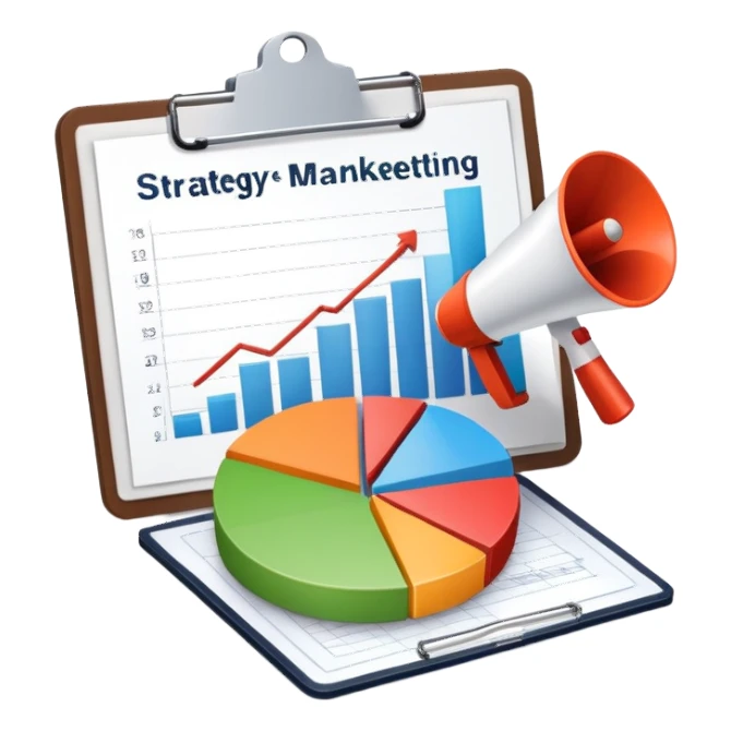 An icon featuring a pie chart, a megaphone, and a clipboard with strategy plans, symbolizing management and marketing. The design includes upward-trending graphs set against a modern office backdrop. Transparent background emphasizes business strategy and communication. sticker