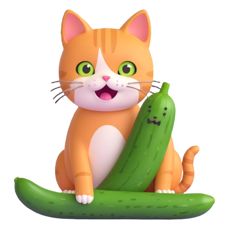 a scared cat next to a cucumber sticker