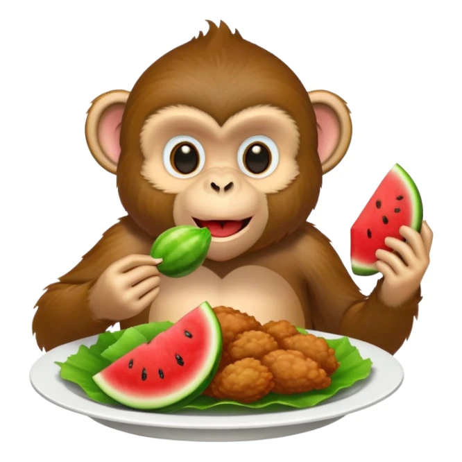 Monkey eating chicken with watermelon sticker