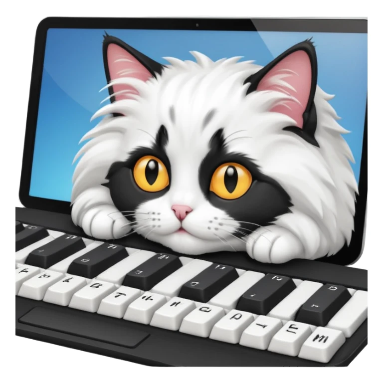 black and white cat laying on computer keyboard sticker