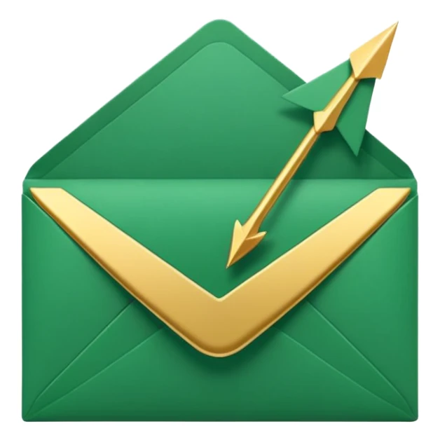 3D minimal envelope icon slightly open with subtle upward arrow coming out, matte finish, deep green (#0B3D2C), gold (#C9B037) arrow accent, Apple style, ultra sleek and clean, soft shadow, transparent background sticker