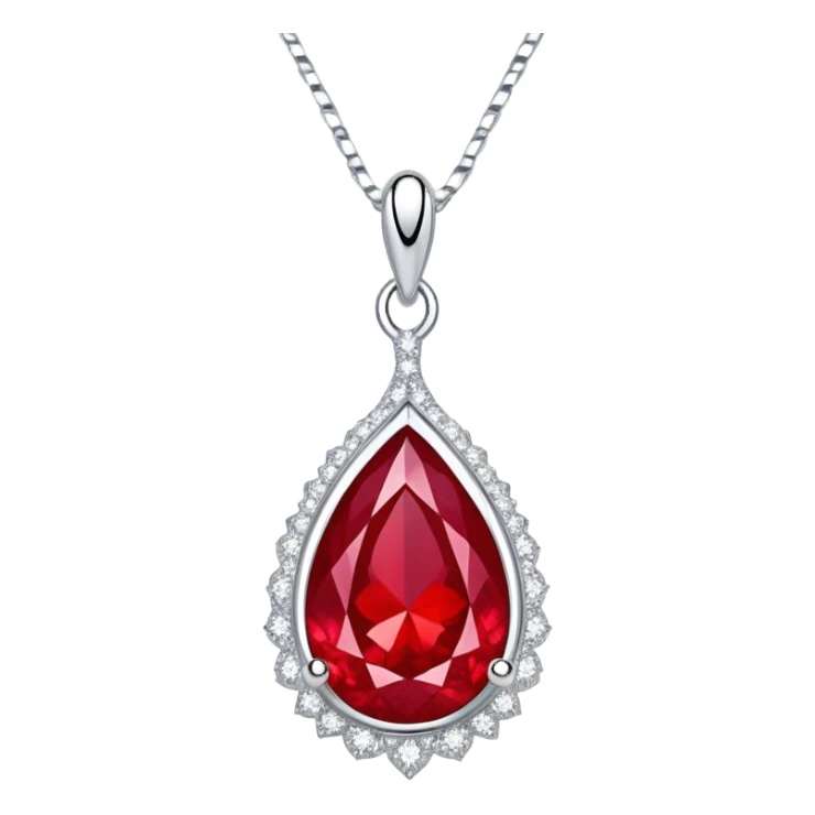 teardrop ruby pendant with fiery light, tiny phoenix feather emerging, haloed by shimmering white stones, silver chain like liquid moonlight sticker