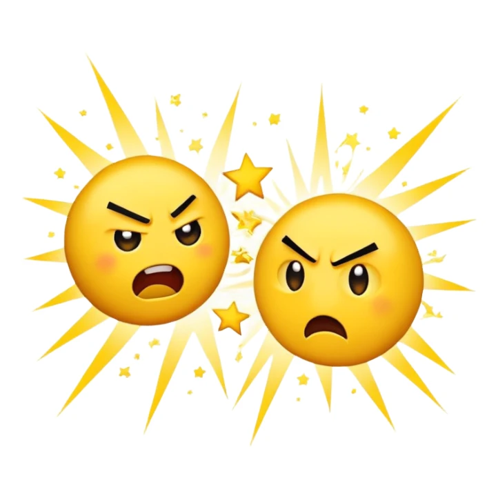 two yellow emojis, one angry and one surprised, dramatic punch with comic impact effects including stars, motion lines, and 'POW!', playful and bold sticker