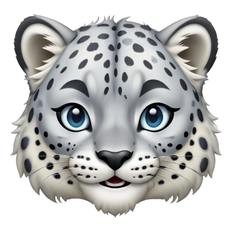 Cinematic-Comical-Snow-Leopard-Portrait-Emoji – Head tilted dramatically with an exaggeratedly amused expression, featuring a thick, spotted white-and-grey coat with a dense ruff around the neck, wide, piercing icy blue eyes filled with playful disbelief zoomed out showing the shoulders sticker