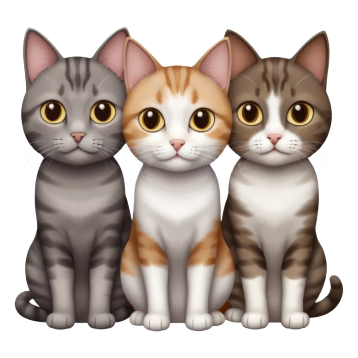 3 different coloured short haired cats including; a dark brown tabby and white cat, and a dark grey and white  sticker