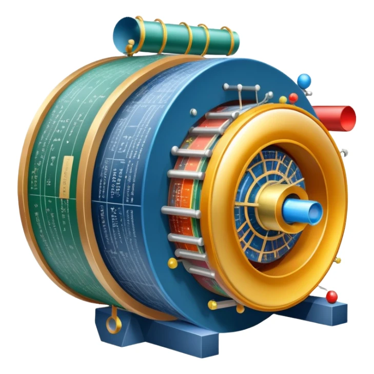 An icon featuring a physics textbook, a large Hadron Collider with particles flying off, symbolizing the study of physics. The design includes atomic models, energy waves, and scientific formulas, representing fundamental physical principles and research. Transparent background. sticker
