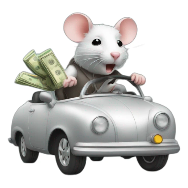 rat driving a car with money sticker
