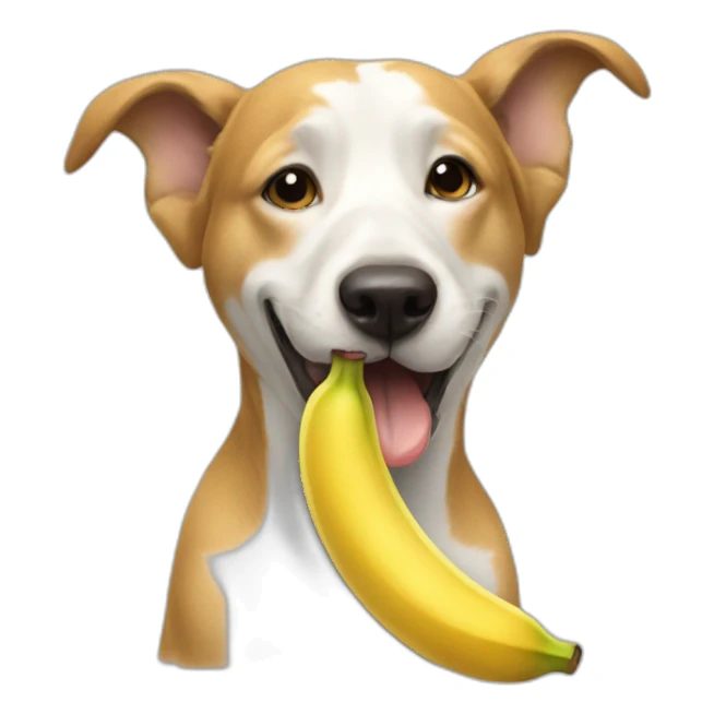 A dog eating a banana sticker