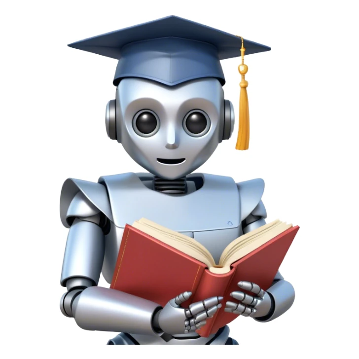 artificial robot reading a big book with graduation head sticker