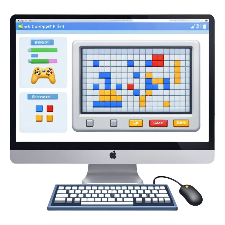 Professional icon for Game Design: computer screen with game interface, 3D models, pixel art, and design tools like grid, wireframe, and stylus. Symbolizes the technical and creative process of game development. Transparent background. sticker