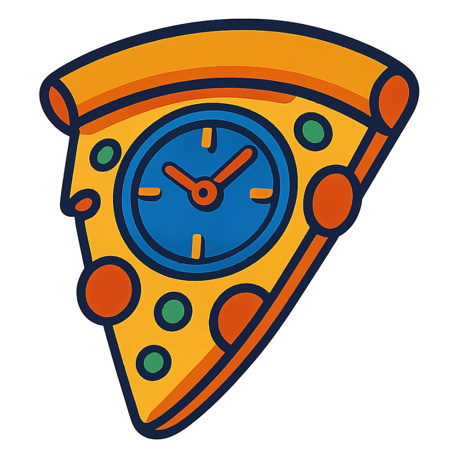 a pizza slice with a clock face, playful and bold sticker