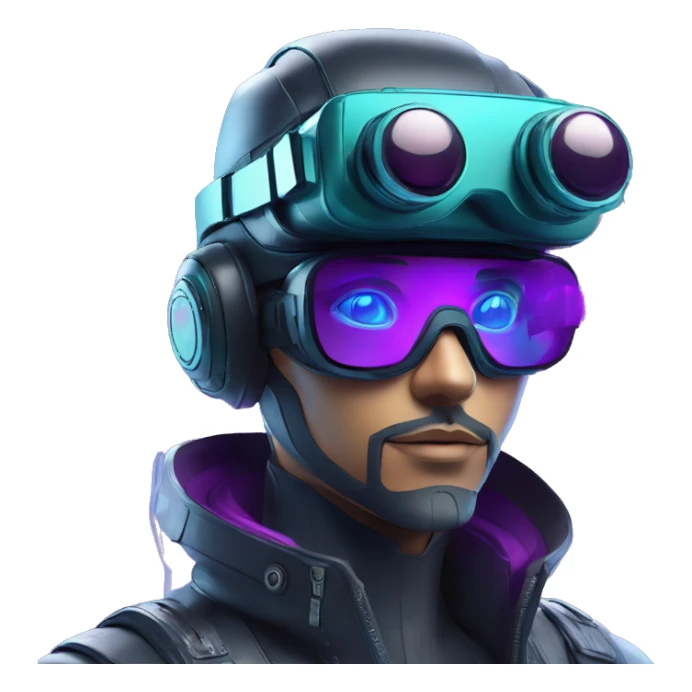 Secret humanoid agent in a futuristic hat with in Apple VR goggles headset code display on the goggles , cyberpunk, cyan and purple colors, only upper body portrait, front facing the camera  sticker