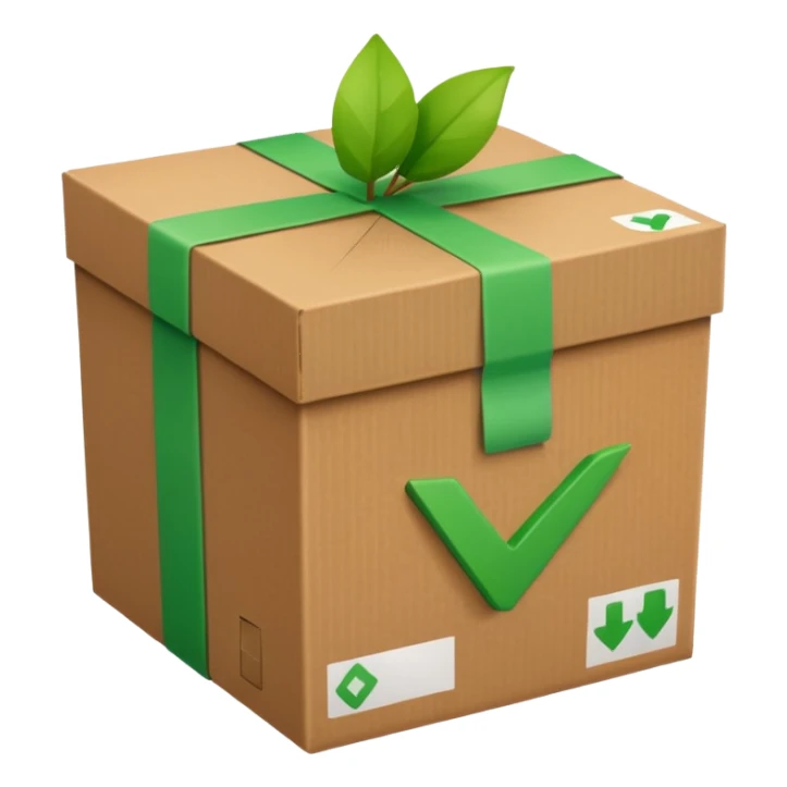 a brown box with green checkbox in the corner sticker