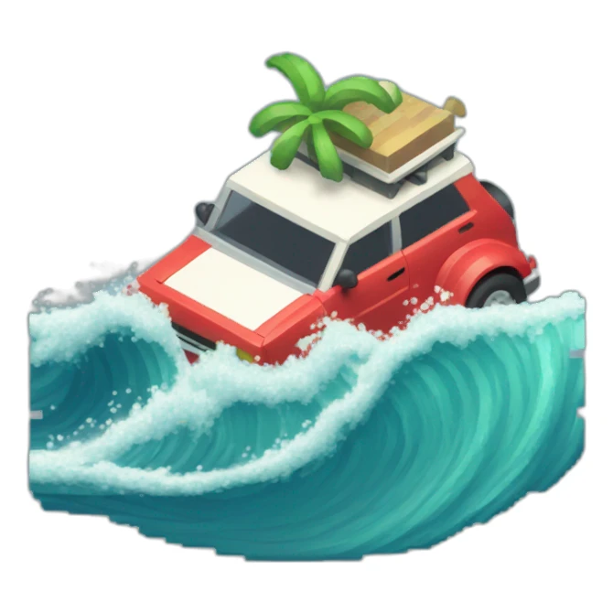 A small car surfing a big wave in pixel art sticker