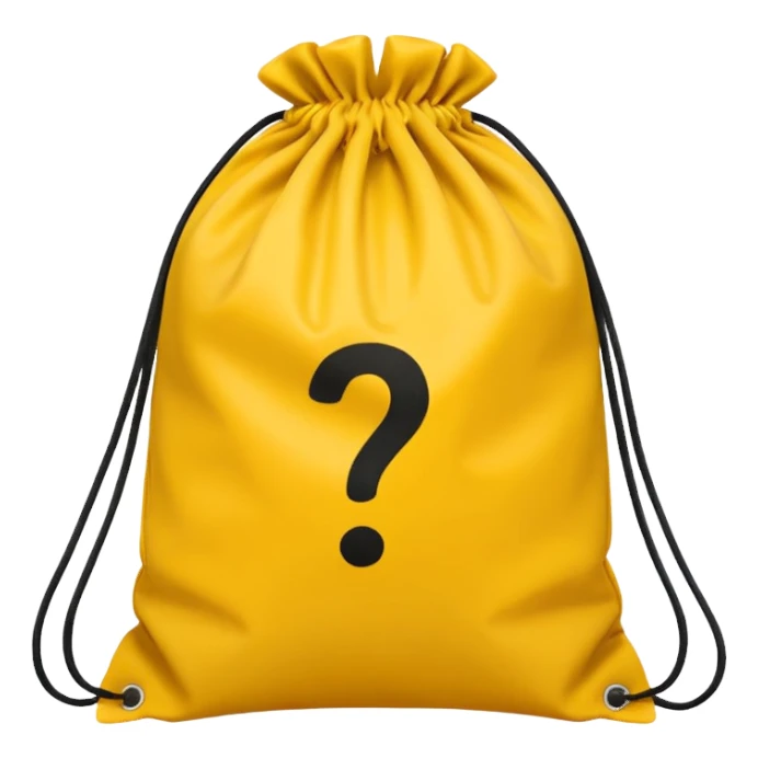 drawstring bag printed withoverstuffed with yellow question marks sticker