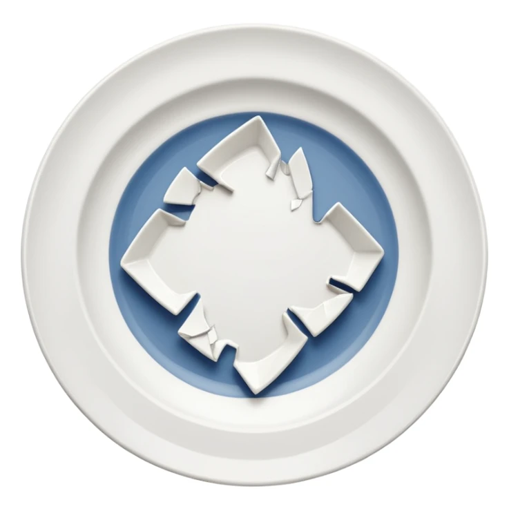 a broken rounded white plate, several piece separated sticker