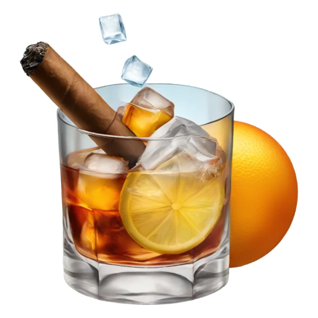 old fashioned cocktail with ice sphere & cigar sticker