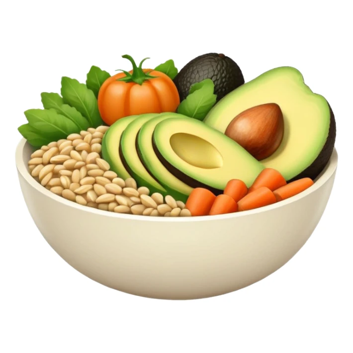 Minimalistic flat vector icon, iOS style, thin black contour on white background. Bowl with vegetables, grains, and avocado slices inside. Clean, no text, no shadows sticker