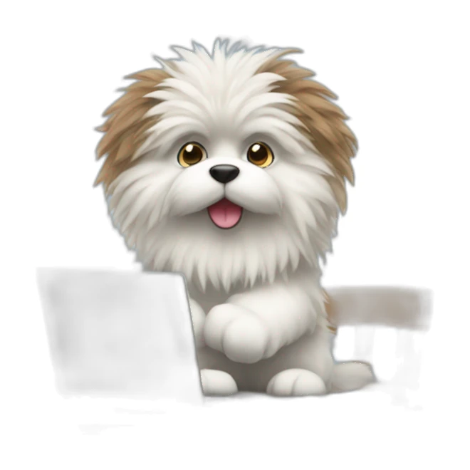 Fluffy working at a desk with a laptop sticker