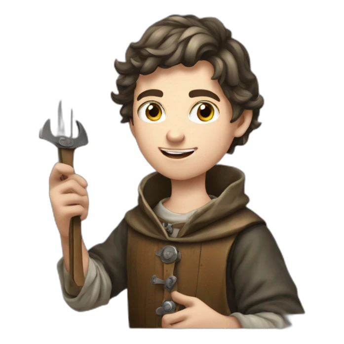 young coin engraver apprentice yielding tool, medieval age sticker