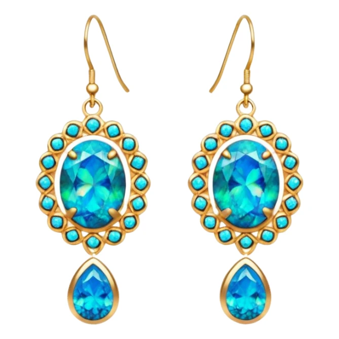 8k, 10000px, isolated, 3D rendering, very glamorous style, hyper realistic sparkling gold earrings, with detailed, realistic, vivid multicolors, multidimensional sparkle, black opal gemstones in the center of each earring. Include more turquoise blue sticker