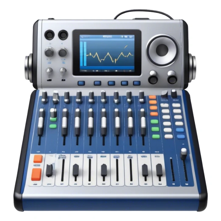 Create a professional and technical emoji that represents sound engineering. The design should feature a sound mixing console with faders, a pair of studio headphones, and audio waveforms to symbolize the precision and technicality of sound mixing and mastering. Include elements like a microphone or audio cables to reflect the recording aspect. Use colors like silver, black, and dark blue to represent the technical, yet artistic side of sound engineering. The background should be transparent. sticker