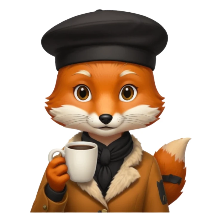 Fox in beret holding coffee cup sticker